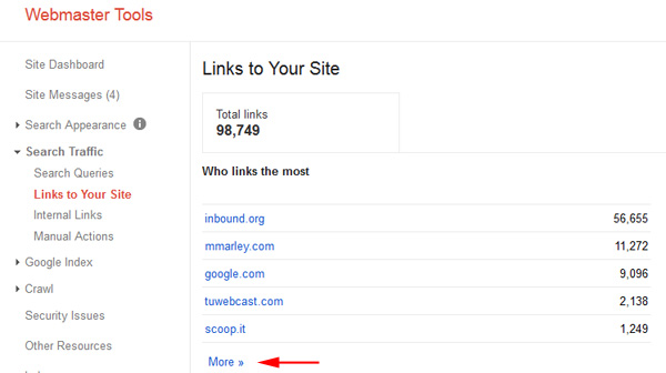 Google Webmaster Tools Links