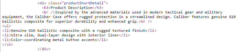 Product Short Detail HTML