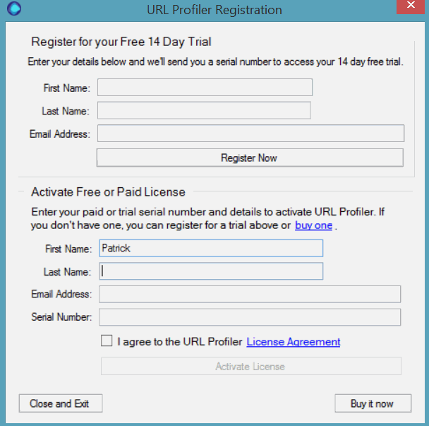 Enter URL Profiler license